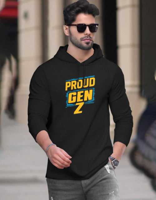 Mens GenZ Model Full Sleeve Hooded T-shirt / Black